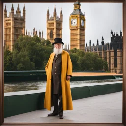 an old man standing in front of big ben looking at camera