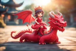 a cute chibi red lace princess sitting on a wild chinese dragon and dynamically riding it in sunshine, cinematic postprocessing, bokeh, dof