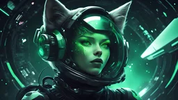 CYBER CAT GIRL IN SPACE, SCI-FI STYLE, BLACK AND GREEN COLORS