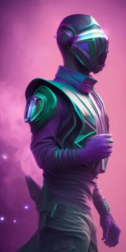 purple galaxy masked super villain, weapons in hands, teal and purple smoke, full portrait, hyper realistic, 4k