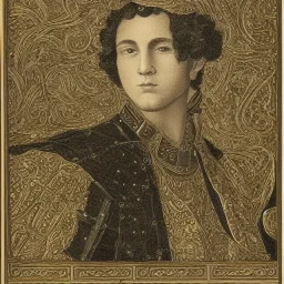 portrait of a young man, black and bronze paper, technical illustration, highly detailed, highly intricate, epic, infographic, marginalia, filigree, fine metalwork