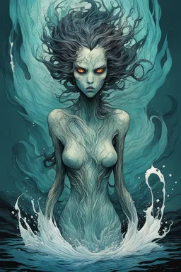 front facing full body illustration of a malevolent shape shifting female Funayurei water ghost with highly detailed facial features and translucent skin textures, in the style of Alex Pardee , Jean Giraud Moebius, and Katsushika Hokusai, highly detailed, boldly inked, deep murky aquatic color