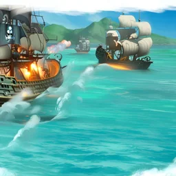 Two pirate ships fight each other at sea. Firing cannons.