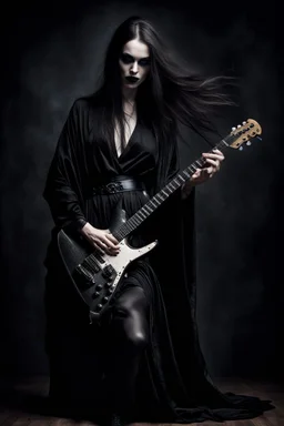 pretty goth girl(dressed in black flowing robes) leaning back while playing electric rock guitar, dark background, photo realism