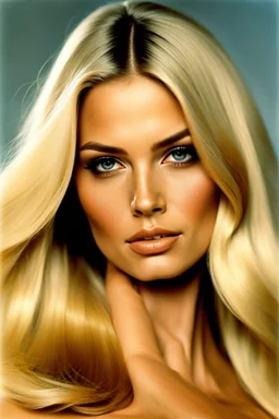 1972: beauty nude female supermodel, longer blonde hair, beautiful face, beautiful skin, realistic analog photography with a real normal beauty, middle parting, beautiful like a supermodel from the sixties, beautiful face