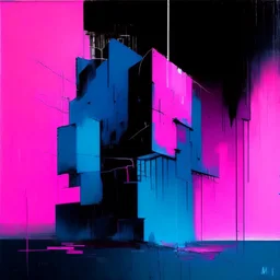 Minimal abstract oil painting of bright pink and blue. with random words. Brutalist architecture fragments Line sketches. illuminated at night. In the style of Justin Mortimer and Phil Hale and Ashley Wood