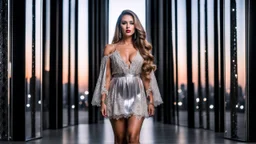 very beautiful model lady with makeup and beautiful modern fashion mini dress velvet dark silver lace skirt with lace edges and modern loose lace top with a loose over, curvy silver long hair, standing in a modern city open satge cubic mirrors(each with 4 equal hight and equal width, vertical mirror), each vertical on its own short rotating base. with some small lights on crystal frames, on roof of a skyscraper with city escape at background, with animating dynamic lights with high