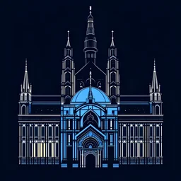 Scalop shell of santiago de compostela with the cathdral in its base. Art Deco, Mood: Mysterious and Glamorous, Lighting: Deep blue with neon highlights, T-shirt design graphic, vector, contour, white background.