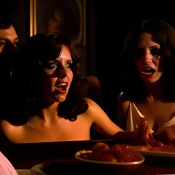 Horror movie shot, spooky, ultra realistic, distress, dine, ultra realistic hot women, party, pieces of meat, creepy, organs, ail dynamic, anguish, excited people, hypermaximalist figures, creepy, 1970's Italian horror movie, sinister, John Carpenter, Dario Argento, Stanley Kubrik, ornate, 4k, photorealism