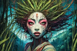 full color front facing portrait of a Yama Uba woman with highly detailed hair and slim, narrow facial features, in a haunted mountain bamboo forest, pierced by shafts of moonlight , danger lurks everywhere but she is undeterred and resolute in her purpose, art in the style of Alex Pardee, spirited away, studio ghibli, , 8k , finely detailed and precise line work, soft natural Spring colors