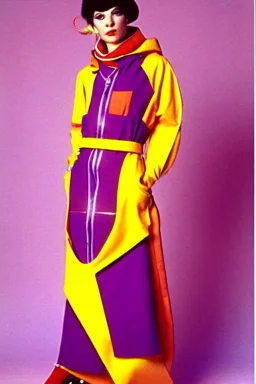 late 1990's women street fashion. Light dress with integrated bags and with new kind of hood with tippet that continues downwards too! horizontal zipper reveals belly. recycled denim straight, Pike fish, huge vulgarism, -print.lilac, plum, orange, terracotta, red, light yellow, lion yellow, pink, dark blue, beige. wide belt. Partly latex or leather.Tyra Banks.Missy Elliot,Jennifer Lopez.Karjalainen kuvio,Karjala pattern tradition