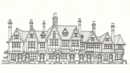 A highly detailed front elevation line drawing of a row of crooked fantasy houses, with twisted tall chimneys, rooms and floors added to sides and roofs, like Harry Potter's the Warren.