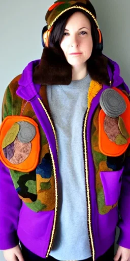 Brunette woman.thick thighs,thick calves,normal bodytype. big head. Mantle is sewed of upcycled Denim and sewed together of camouflage pieces. Colors are orange,red, cream and purple and various denim colors. It is with big bright purple felt tippet and cream-colored-hood. mantle is merged with satchel, ochre. AKG-style headphones (gold rings!) is merged with small felt cap with visor. Style: Haute Couture in 1950's, N.Y.C fashion in 2024, inspired by street art. Cream latex gaiter. Tennis shoes