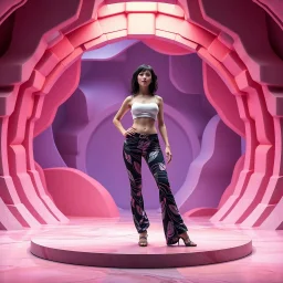 picture of lady with a top and cifi pants stye design posing in a 3d recursive structures stage