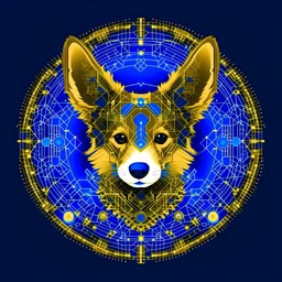Blue and gold circle logo. A corgi composed of gold circuit board traces, with fingerprint and neural network superimposed behind