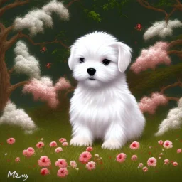 chiot bichon maltais blanc avec des cerisiers du japon et une cascade d'eau lumineuse