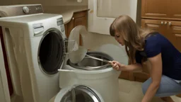 very confused young woman puts metal spoons in her dryer