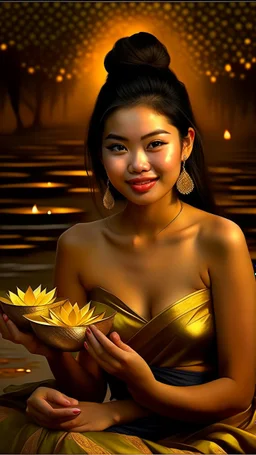 (((Nang Kwak))) is a Thai woman, beautiful face, wearing a loincloth. wear jewelry Hair styled in the traditional Dok Krathum style, sitting with a squat fold, left hand resting on the lap. There is a bag of money on the hand. Right hand raised in a calling gesture. Oil painting, realistic, wide angle,thai spirit