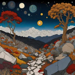 Colourful, peaceful, Egon Schiele, Max Ernst, Vincent Van Gogh, night sky filled with galaxies and stars, rocks, trees, flowers, one-line drawing, sharp focus, 8k, deep 3d field, intricate, ornate