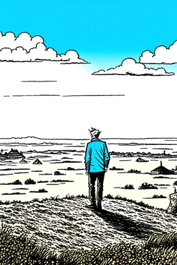 a alone man. pen and ink, birds eye view, illustrated by hergé, Background space and earth