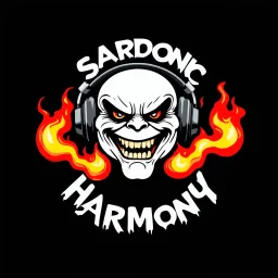 Futuristic block text "SARDONIC HARMONY" in minimalist logo for a rock band inspired by the styles of Ed 'Big Daddy Roth, graffiti art. sinister, evil marshmallow head caricature with headphones breathing red flames. The background is dark.