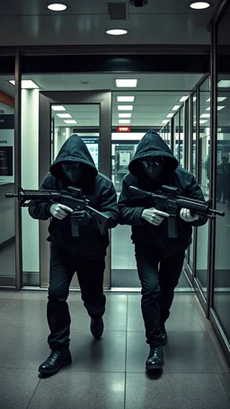 Bank robbery by hooded masked wearing sunglasses thieves carrying a machine guns