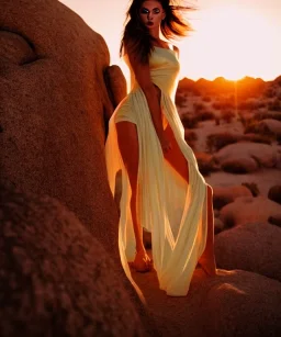 Insane pretty young woman "Top Model" in a stunning maximalist short semi transparent dark dress short. Vogue, 8k, ektar, joshua tree, fashion. golden hour cinematic, rebecca guay, frank frazetta.