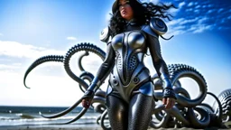 A woman with dark hair in a silver robotic catsuit, standing on a beach with flying mushrooms looking like parasols, with octopus tentacles in the air