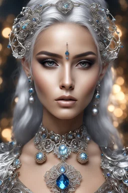 photography realistic portrait natural beauty of young woman, beautiful, shiny hard eyes, make up, Fantasy style, shiny baubles, ornate, large gemstones, shiny molten metalics, shiny wire filigree, silver hair, high definition, high res, octane render