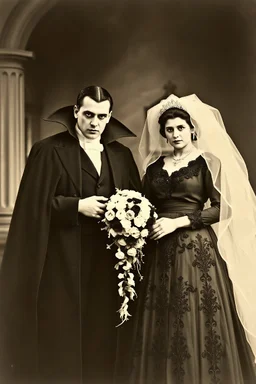 1935 realistic, B&W original wedding photograph of Count Vladimir Dracula and Elizabeta Van Helsing