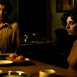 Strong texture, photorealism, Caravaggio. Italian interior. Eat, Surreal, eerily mysterious, pastel colors. Italian horror, Dario Argento. Humid. People talking. Movie shot. 1970's Italian art. 33mm photography