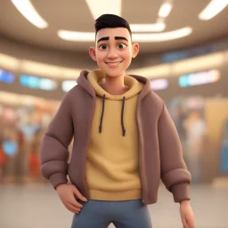 a portrait of smiling young cute western man. caricature. black hair. short buzz cut hair style. light skin. dark eye pupils. small eyes. black thick eyebrow. small short round face shape. a bit small goatee, without moustache. big nose. thick mouth. white sweater hoodie. pixar style. 3D. 4k. portrait. highly detailed. sharp focus. high resolution. full color. cinema lighting