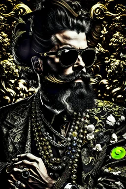 Artistic photo in the audacius style of Jill Greenberg, of man with a luxurious and striking style, abundance of jewelry, oversized sunglasses, neat black beard, feminine manirism, prints, desafiant, extravagant, barroque escene , impasto style with thick texture