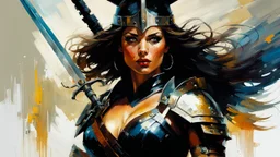 portrait of a woman warrior, weapons :: Robert McGinnis + Jeremy Mann + Carn Griffiths + Leonid Afremov, clear contours, detailed