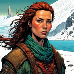 create a full body portrait of a fair skinned female nomadic tribal mercenary with highly detailed, delicate feminine facial features, inhabiting an ethereal Northern winter fjord land of pristine blue waters, in the comic book style of Jean Giraud Moebius, David Hoskins, and Enki Bilal, precisely drawn, boldly inked, with vibrant colors