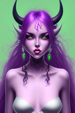 cute purple haired devil girl with bright green eyes and black horns on her head wearing a purple/pink dress