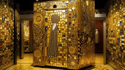 Espacio cúbico revestido completamente con mosaicos dorados y ornamentación extrema inspirado en Gustav Klimt, una puerta decorada con patrones circulares, una figura femenina integrada en la decoración como si fuera parte del muro