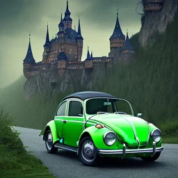 An old green VW Beetle, driving towards an Austrian castle, 8k, HD, cinematography, photorealistic, Cinematic, Color Grading, Ultra-Wide Angle, Depth of Field, hyper-detailed, beautifully color-coded, intricate details, beautifully color graded, Cinematic, Color Grading, Editorial Photography, Depth of Field, DOF, Tilt Blur, White Balance, 32k, Super-Resolution, Megapixel, ProPhoto RGB, VR, Halfrear Lighting, Backlight, Natural Lighti