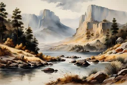 museum quality watercolor painting of the early 19th century, undiscovered American Southwest in the style of Karl Bodmer, and Winslow Homer, rendered as an aquatint, with a fine art aesthetic, highly detailed , 8k UHD cinegraphic realism