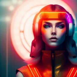 A beautiful portrait of a cute cyberpunk woman orange color scheme, high key lighting, volumetric light high details with white stripes and feathers and celtic paterns