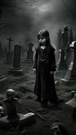 Art, fantasy,dark,scary, gathering,Gothic cemetery , a child