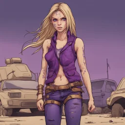 A girl with a purple gold hue around them with small bits of purple gold on their skin. They have long, dirty blonde hair and wear a tank-top with a jacket around their waist and jeans. They wear boots and have violate eyes.