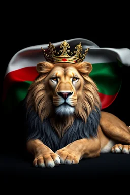 Create a highly detailed 3D-rendered image of a majestic lion lying down, wearing a royal crown. The lion's fur should be rich and textured, with a regal and powerful presence. Behind the lion, the flag of the Republic of Bulgaria(white, green,red) waves gracefully, its white, green, and red colors vivid and well-defined. The background should be an elegant, deep black, creating a striking contrast that enhances the grandeur of the lion and the flag. The lighting should be dramatic, with subtle