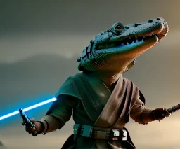 Star wars animation, crocodilian, frills, wide head, samurai robe, holding lightsaber, hands, wrist gauntlets, metal visor, hood