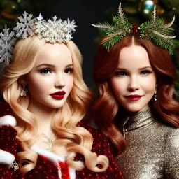 Dove cameron and teen robyn lively, meticulously detailed beautiful faces, meticulously detailed hair; christmas, snow, gothic, sparkles; ethereal fantasy. hues of christmas. hideo kojima. realistic oil painting. victorian era, glitter, snowflakes, holly, pinecones, old fashioned, vintage, antique, beautiful, renaissance, 16k