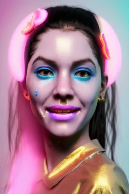 Ultra Realistic image, Rosalía artist, smile portrait, waist up portrait, long black eye line, sweet face, gold pink and blue geisha style, spray glow make up, led lights, neon, gold piercing nose, gold teeth, led ornament, glow pink iris, fog, oversized bubble latex coat, vibrant color, highly detailed, art stations, concept art, smooth, unreal engine 5, god rays, ray tracing, RTX, lumen lighting, ultra detail, volumetric lighting, 3d, finely drawn, high definition, high resolution.