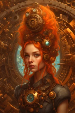 Beautiful time goddess surrounded by clocks and intricate gears, vivid orange wet hair, highly detailed face looks like Meika Woollard , detailed eyes, 8k resolution concept art Hyperdetailed, digital painting, Magali Villeneuve , Ismail Inceoglu, wlop , Android Jones and Julie Dillon, centered, symmetrical, soviet art