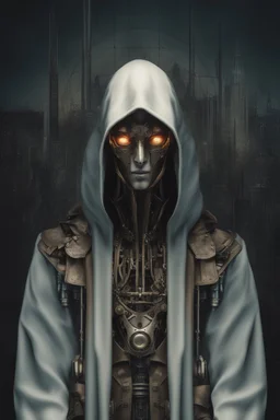 Leonardo Da Vinci style. Whole body. Masterpiece of a hooded killer Cyborg, his eyes are intense, (((full body))), contrasting colors. Fondo ciudad