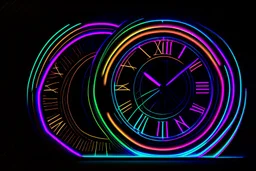 black background, outlines of a holographic clock drawn from thin neon-coloured glowing lines