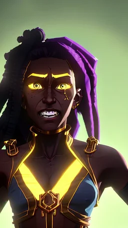 A woman has dark skin, yellow eyes and black dreadlocks. Her face has a slying smile, showing her superiority in the eyes of others. She is dressed in a steel armor with a few pieces of yellow and green fabric sticking out.